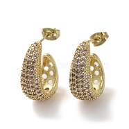Brass Micro Pave Cubic Zirconia Stud Earrings, Half Hoop Earrrings, Lilac, 20x18mm(EJEW-H308-10G-05)