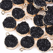 Electroplate Druzy Resin Pendants, with Iron Findings, Flat Round, Light Gold, Black, 17~18x13.5x6mm, Hole: 1mm(X-RESI-S366-02A)