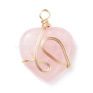 Natural Rose Quartz Pendants, with Golden Tone Copper Wire Wrapped, Heart, 40.5x30x8.5mm, Hole: 4.2mm(PALLOY-JF01490-05)