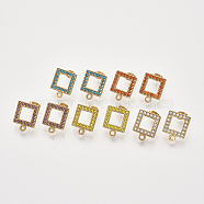 304 Stainless Steel Stud Earring Findings, with Rhinestone, Loop and Ear Nuts/Earring Backs, Square, Golden, Mixed Color, 16x13x2mm, Hole: 1.5mm, Pin: 0.8mm(STAS-T052-02G)