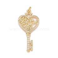 Brass Micro Pave Cubic Zirconia Pendants, Real 18K Gold Plated, Lead Free & Cadmium Free, Heart Key, Clear, 37.5x18x4mm, Hole: 3mm(KK-A161-14G)