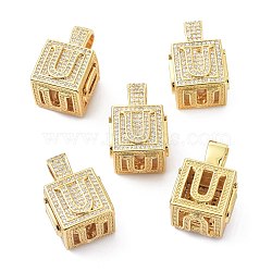 Alphabet Brass Micro Pave Clear Cubic Zirconia Pendants, Real 18K Gold Plated, Cube with Letter, Letter.U, 26x17x17mm, Hole: 5x8mm(ZIRC-O045-01G-U)