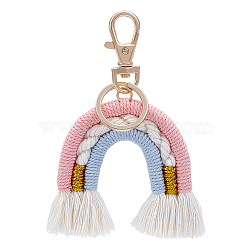 Rainbow Cotton Tassel Keychain, with Alloy Finding and Iron Clasp, Pink, 11cm(KEYC-WH0029-45B)