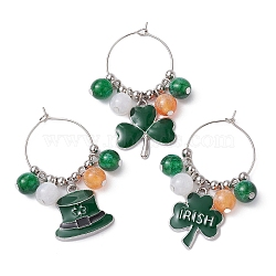 Saint Patrick's Day Alloy Enamel Wine Glass Charms, with Round Resin Beads and Brass Hoop Earrings Findings, Clover & Hat, Dark Green, 53~55mm, 3pcs/set(AJEW-JO00197)