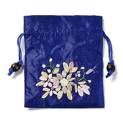 Flower Pattern Satin Jewelry Packing Pouches, Drawstring Gift Bags, Rectangle, Prussian Blue, 14x10.5cm(PW-WG90050-04)