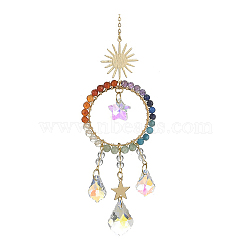 Chakra Gemstone Beads Pendant Decorations, Hanging Suncatchers, with Glass Teardrop Charm, for Home Decorations, Sun & Star, Ring, 265mm, Hole: 10mm(HJEW-JM01152-01)