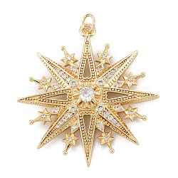 Brass Pave Cubic Zirconia Pendant, Long-Lasting Plated, Star, Real 18K Gold Plated, 37.5x35x4.5mm, Hole: 3.6mm(X-ZIRC-P089-15G)