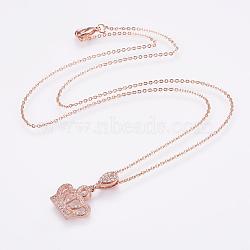 Brass Micro Pave Cubic Zirconia Pendant Necklaces, with Brass Cable Chains, Real Rose Gold Plated, Crown, 17.7 inch(45cm)(NJEW-E111-81RG)
