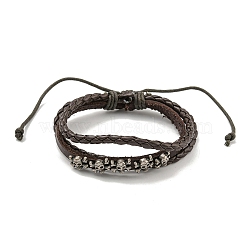 PU Imitation Leather Braided Cord Bracelets, Skull Alloy Two Layer Multi-strand Bracelets, Coconut Brown, Inner Diameter: 2-1/4~3-3/4 inch(5.7~9.5cm)(BJEW-P329-02A-AS)