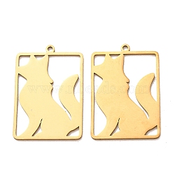 201 Stainless Steel Pendants, Rectangle with Fox Charms, Laser Cut, Cut-Out, Golden, 29x20x1mm, Hole: 1.5mm(SA-CBA49C1-04G)