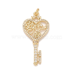 Brass Micro Pave Cubic Zirconia Pendants, Real 18K Gold Plated, Lead Free & Cadmium Free, Heart Key, Clear, 37.5x18x4mm, Hole: 3mm(KK-A161-14G)