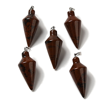 Natural Mahogany Obsidian Pendants, Cone Charms with Rack Plating Platinum Plated Brass Snap on Bails, 36~36.5x15~15.5mm, Hole: 5~6.5x2mm