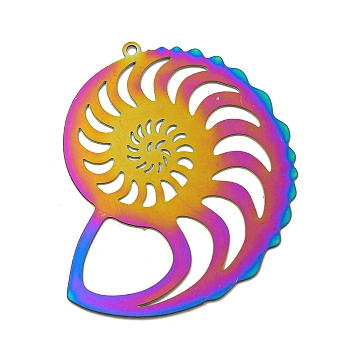 Ion Plating(IP) 201 Stainless Steel Etched Metal Embellishments Pendants, Rainbow Color, Shell Shape, 39.5x36x0.3mm, Hole: 1.2mm