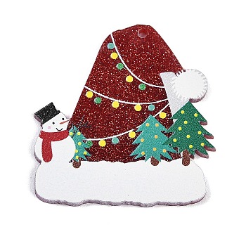 Christmas Theme Acrylic Pendants, with Glitter Power, Christmas Hat, 39.5x38.5x2.4mm, Hole: 1.8mm