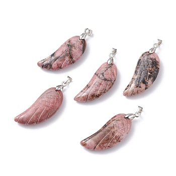 Natural Rhodonite Pendants, with Platinum Plated Brass Loops, Wing, 36x15~16.6x6.5~7.7mm, Hole: 5x4mm