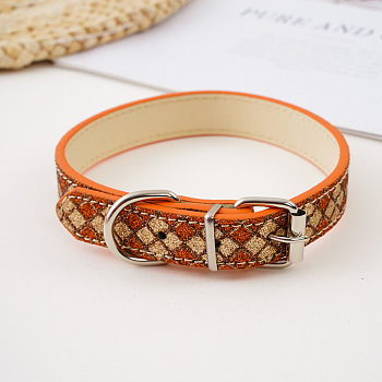 Adjustable Imitation Leather Pet Collars, with Glitter Powder, Rhombus Pattern Cat Dog Choker Necklace, Coral, 500x25mm