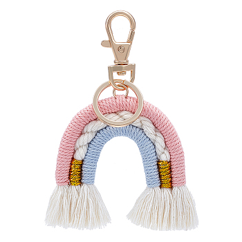 Rainbow Cotton Tassel Keychain, with Alloy Finding and Iron Clasp, Pink, 11cm
