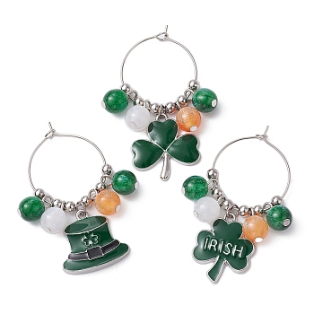 Saint Patrick's Day Alloy Enamel Wine Glass Charms, with Round Resin Beads and Brass Hoop Earrings Findings, Clover & Hat, Dark Green, 53~55mm, 3pcs/set
