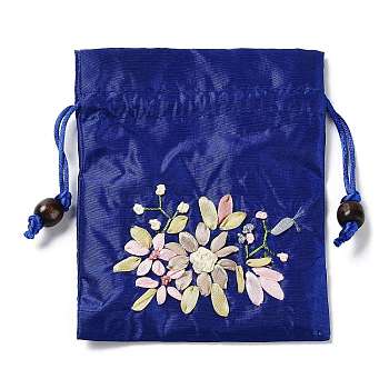 Flower Pattern Satin Jewelry Packing Pouches, Drawstring Gift Bags, Rectangle, Prussian Blue, 14x10.5cm