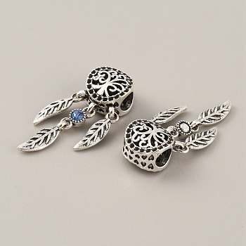 Tibetan Style Alloy European Pendant Rhinestone Settings, Dangle Charms, with Sapphire Rhinestone, Woven Web/Net with Feather, Antique Silver, Fit for 1mm Rhinestone, 30x11x7mm, Hole: 4.5~4.6mmm.