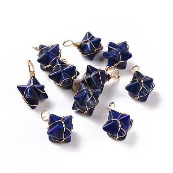 Natural Lapis Lazuli Dyed Copper Wire Wrapped Pendants, Merkaba Star Charms, Golden, 26~31x20~21x13~15mm, Hole: 5~5.5mm