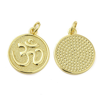 Rack Plating Brass Pendants, with Jump Ring, Long-Lasting Plated, Cadmium Free & Lead Free, Flat Round with Ohm/Aum Charm, Real 18K Gold Plated, 15.5x20mm, Hole: 3mm