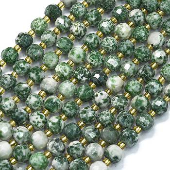 Natural Green Spot Jasper Beads Strands, with Seed Beads, Faceted, Lantern, 8~8.5x6.5~7mm, Hole: 0.6mm, about 44pcs/strand, 15.16''(38.5cm)