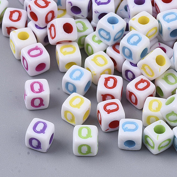 White Opaque Acrylic Beads, Horizontal Hole, Cube with Mixed Color Letter, Letter.Q, 5x5x5mm, Hole: 2mm, about 5000pcs/500g
