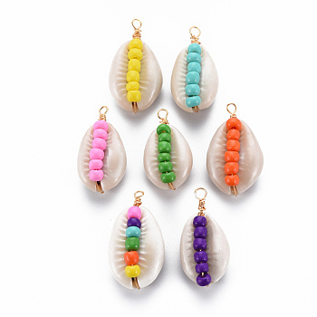 Cowrie Shell Pendants, with Plastic Bead and Golden Brass Findings, Mixed Color, 28~33x13~17x11~12mm, Hole: 1.5~4mm