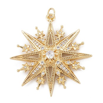 Brass Pave Cubic Zirconia Pendant, Long-Lasting Plated, Star, Real 18K Gold Plated, 37.5x35x4.5mm, Hole: 3.6mm