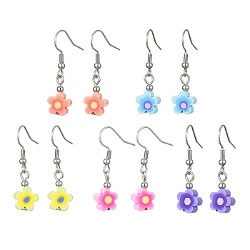 Flower Polymer Clay Dangle Earrings, Mixed Color, 34x9mm