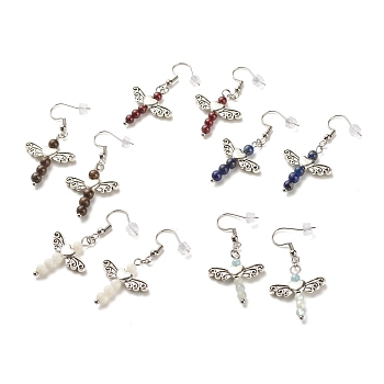 Alloy Angel Dangle Earrings, Natural Gemstone Beaded 304 Stainless Steel Drop Earrings for Women, 49mm, Pin: 0.7mm