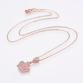 Brass Micro Pave Cubic Zirconia Pendant Necklaces, with Brass Cable Chains, Real Rose Gold Plated, Crown, 17.7 inch(45cm)