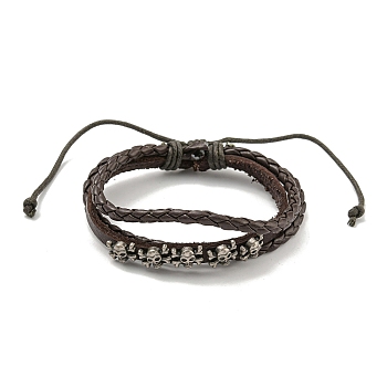 PU Imitation Leather Braided Cord Bracelets, Skull Alloy Two Layer Multi-strand Bracelets, Coconut Brown, Inner Diameter: 2-1/4~3-3/4 inch(5.7~9.5cm)