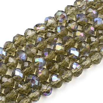 Electroplate Glass Beads Strands, Half Rainbow Plated, Faceted, Rondelle, Olive, 3.5x3mm, Hole: 0.4mm, about 123~127pcs/strand, 13.7~14.1 inch(35~36cm)
