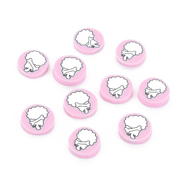 Handmade Polymer Clay Cabochons, Flat Round with Dog, Pearl Pink, 9~9.5x1.5~2mm, about 5800pcs/1000g