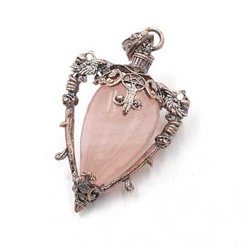 Natural Rose Quartz Point Pendulum Pendants, with Red Copper Brass Findings, Triangle, 54x35x23mm