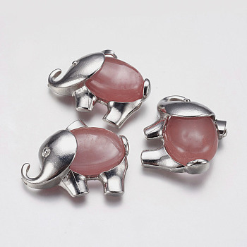 Watermelon Stone Glass Pendants, with Alloy Finding, Platinum Plated, Elephant, 29x37x10mm, Hole: 4x6mm