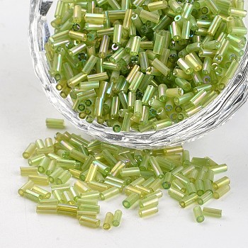 Glass Bugle Beads, Transparent Colours Rainbow, Yellow Green, 3~5x1.8~2mm, Hole: 0.8mm, about 12000pcs/450g