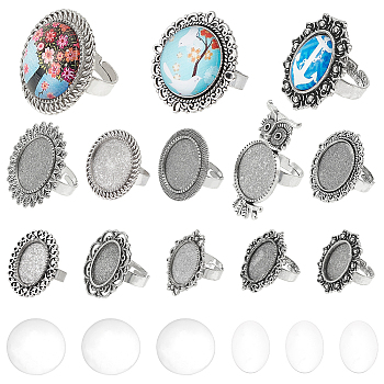 DIY Blank Dome Finger Rings Making Kit, Including Flower & Owl & Bowknot Adjustable Alloy Ring Settings, Glass Cabochons, Antique Silver, 20Pcs/bag