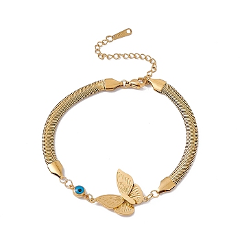 Enamel Evil Eye Link Bracelet with Flat Snake Chains, 304 Stainless Steel Jewelry for Women, Golden, Butterfly Pattern, Butterfly: 21x20x4mm, 7-5/8 inch(19.5cm)