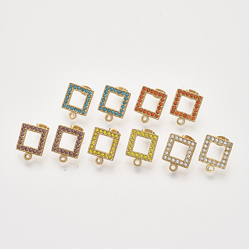304 Stainless Steel Stud Earring Findings, with Rhinestone, Loop and Ear Nuts/Earring Backs, Square, Golden, Mixed Color, 16x13x2mm, Hole: 1.5mm, Pin: 0.8mm