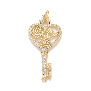 Brass Micro Pave Cubic Zirconia Pendants, Real 18K Gold Plated, Lead Free & Cadmium Free, Heart Key, Clear, 37.5x18x4mm, Hole: 3mm