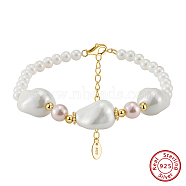 Adjustable Natural Shell Pearl Beaded Bracelets, 925 Sterling Silver Clasps Bracelets for Women, Real 14K Gold Plated, 6-1/2 inch(16.5cm)(BJEW-L692-008G)