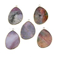 Natural Indian Agate Pendants, Rack Plating Brass Egg Charms, Golden, 41.5~43x30.5~31x2.4mm, Hole: 1.3~2mm(G-K347-02G-08)