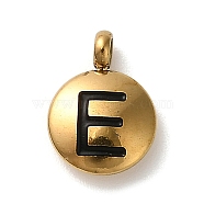 304 Stainless Steel Black Enamel Charms, Golden, Flat Round with Letter Charm, Letter E, 11x8x2.5mm, Hole: 1.8mm(STAS-R009-01G-E)