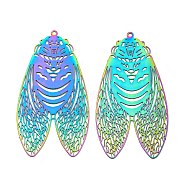 Ion Plating(IP) 201 Stainless Steel Etched Metal Embellishments Big Pendants, Cicada Charm, Rainbow Color, 50x26.5x0.3mm, Hole: 1.4mm(STAS-G328-04RC)