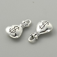 Tibetan Style Alloy Pendants, Money Bag with Dollar Sign, Antique Silver, 17x9.5x4mm, Hole: 1.6x2mm(FIND-CJC0015-27AS)