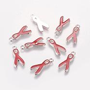 Alloy Enamel Pendants, Lead Free and Cadmium Free, Aids Awareness Ribbon, Platinum Metal Color, Red, 19x8x1mm, Hole: 2mm(EA546Y-3)