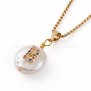 Natural Pearl Initial Pendant Necklaces, with Brass Micro Pave Cubic Zirconia Cabochons and 304 Stainless Steel Box Chains, Flat Round, Golden, Colorful, Letter.B, Pendants: 19.5x13x7.5mm, 16.14 inch(41cm)(NJEW-JN03297-02)